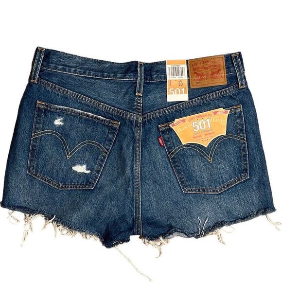 Levis 501 Shorts WMNS 30 Cut Off Denim Button Fly High Rise Distressed Raw Hem - Picture 9 of 9